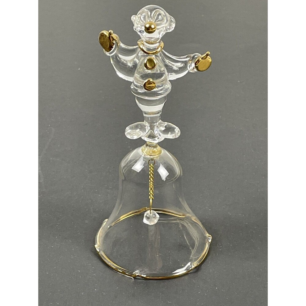 Vintage Clear Glass Clown Figurine Bell Gold Accents Hand Blown Collectible Bell